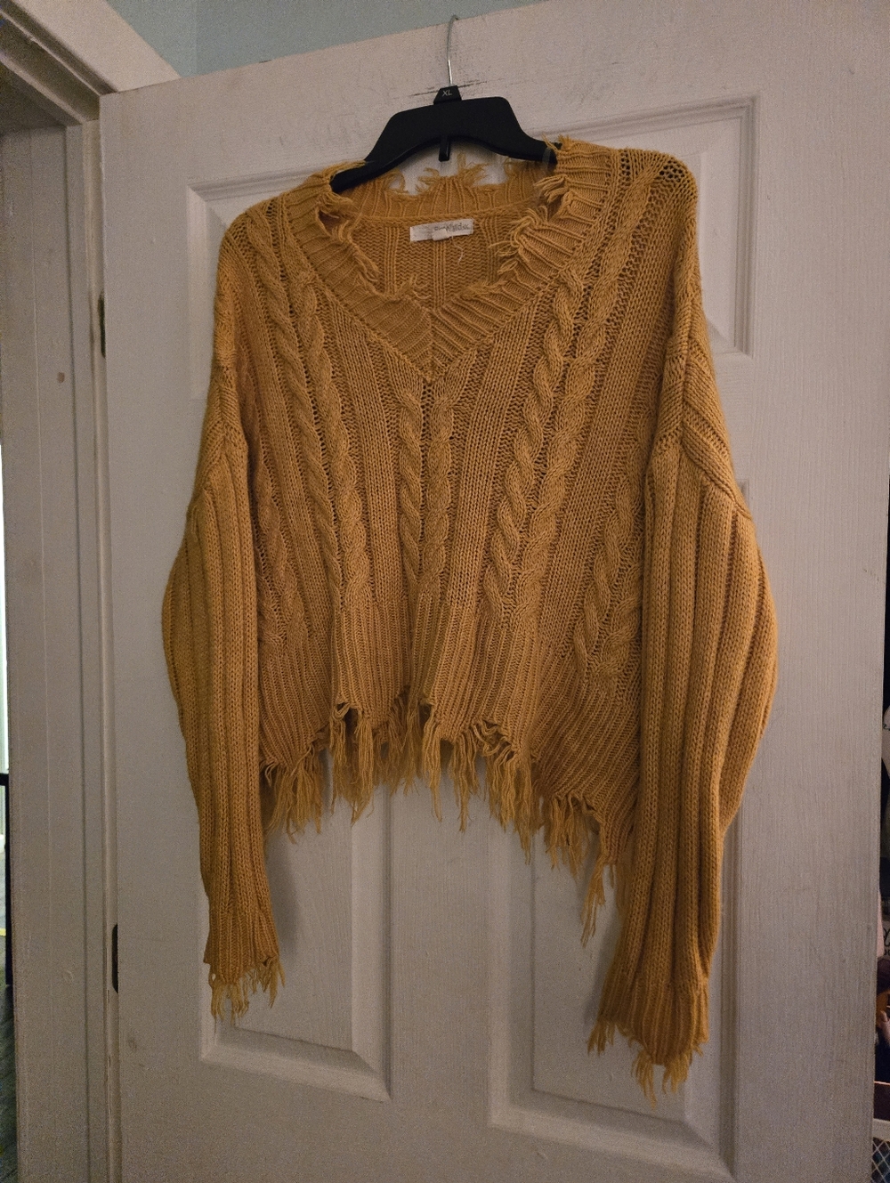 Rewind Yellow Cropped Vneck Distressed Sweater